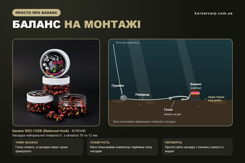 Схема: баланс на монтажі, гачок лежить на дні